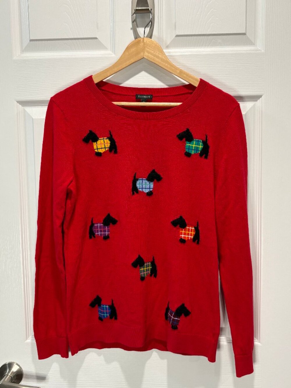 Talbots Cotton Cashmere Scottie Dog Embroidered Plaid Sweater, Red, Size M